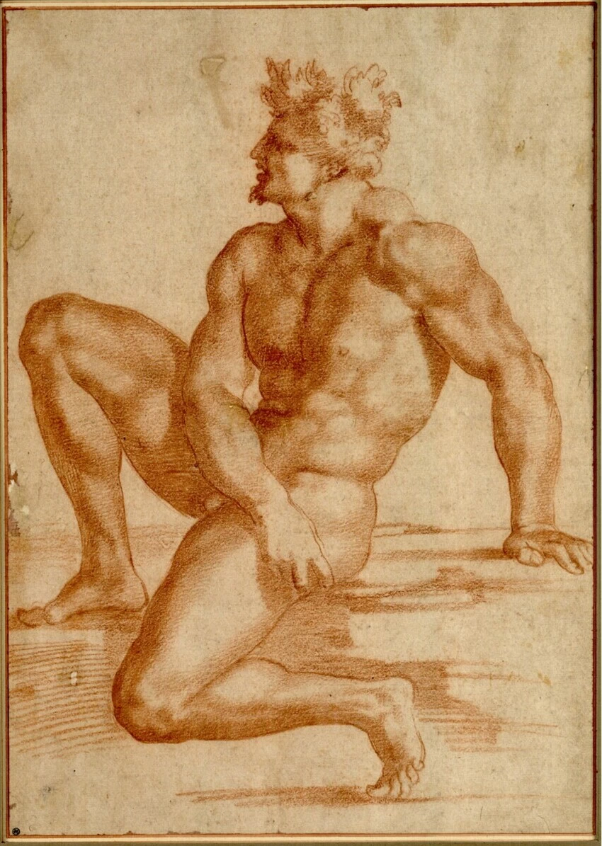Studio di nudo maschile seduto in vista laterale
